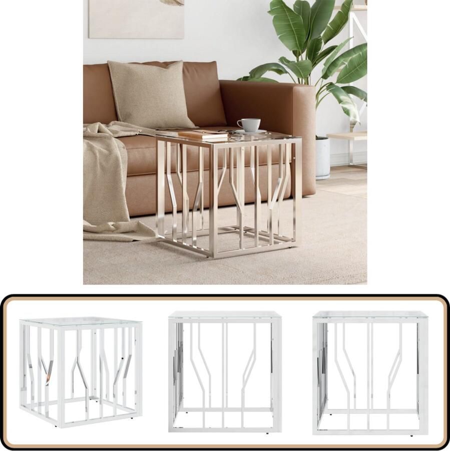 VidaXL Salontafel 50x50x50 cm RVS en glas Zilver Salontafel Koffietafel Bijzettafel Meubilair Roestvrijstaal Glas Zilver