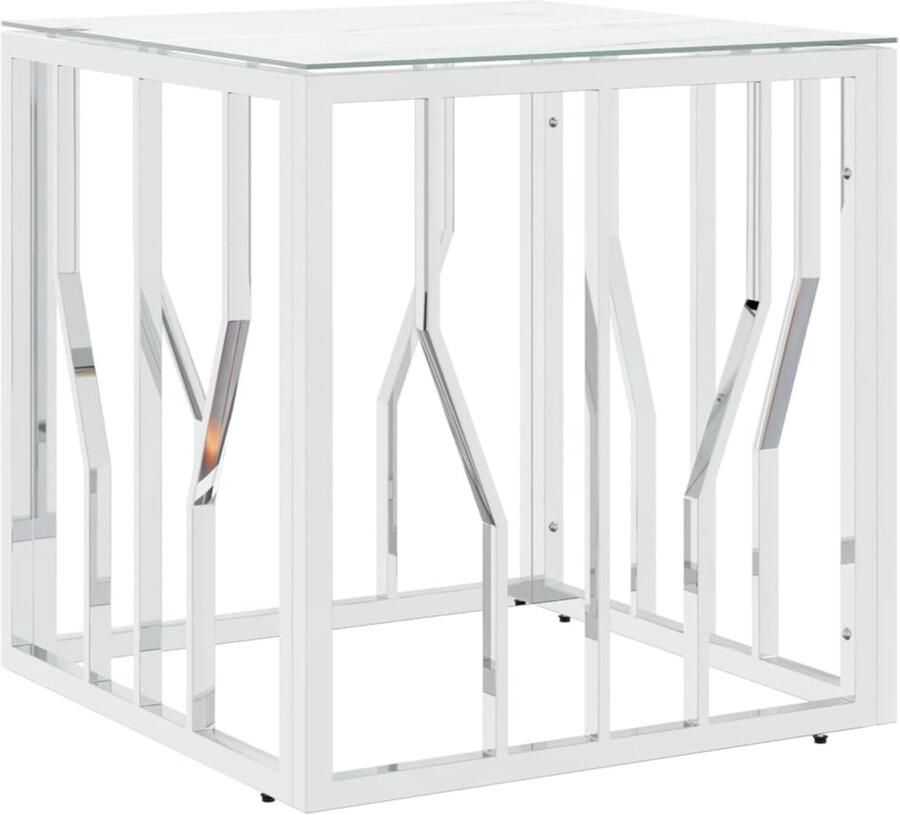 VidaXL Salontafel 50x50x50 cm RVS en glas Zilver Salontafel Marmeren Look Stalen Onderstel Glazen Tafelblad Moderne Salontafel Sierlijk Minimalistisch Industrieel Living Room Furniture - Foto 2