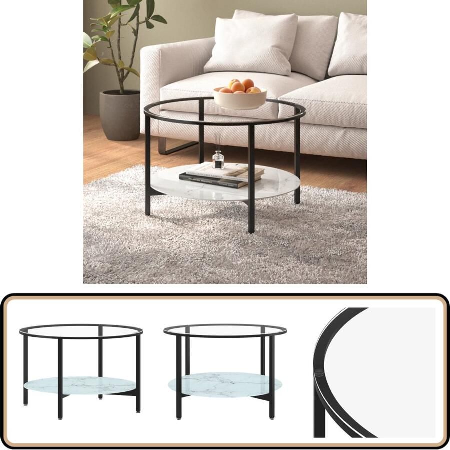 VidaXL Salontafel 70 cm Gehard Glas Marmerlook Salontafel Moderne Salontafel Zwarte Salontafel Glazen Salontafel Rond Tafellamp Koffietafel Tv Tafel Sidetable Living Room Furniture Meubilair Voor Woonkamer