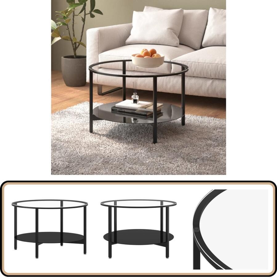 VidaXL Salontafel 70 cm Gehard glas Zwart Moderne Salontafel Zwarte Salontafel Glazen Salontafel Rond Tafellamp Bijzettafels