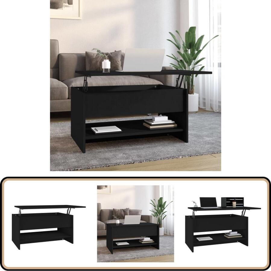 VidaXL Salontafel 80x50x40 cm Bewerkt hout Zwart Salontafel Zwarte Salontafel Houten Salontafel Bewerkt Hout Modern Design Multifunctionele Salontafel Opbergvak Verstelbare Tafel