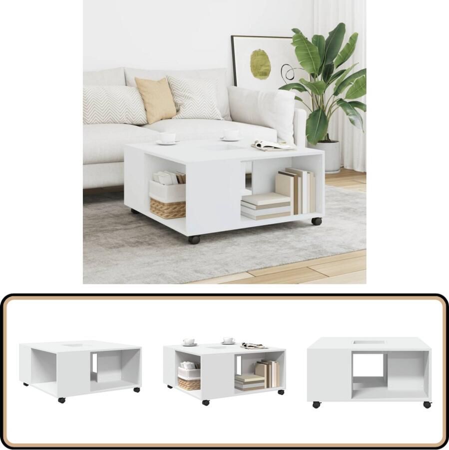 VidaXL Salontafel 80x80x40 cm wit hout met wielen Salontafel Houten Salontafel Witte Salontafel Multifunctionele Salontafel Opbergtafels Tv Tafels Living Room Furniture Meubilair Woonkamer Meubel