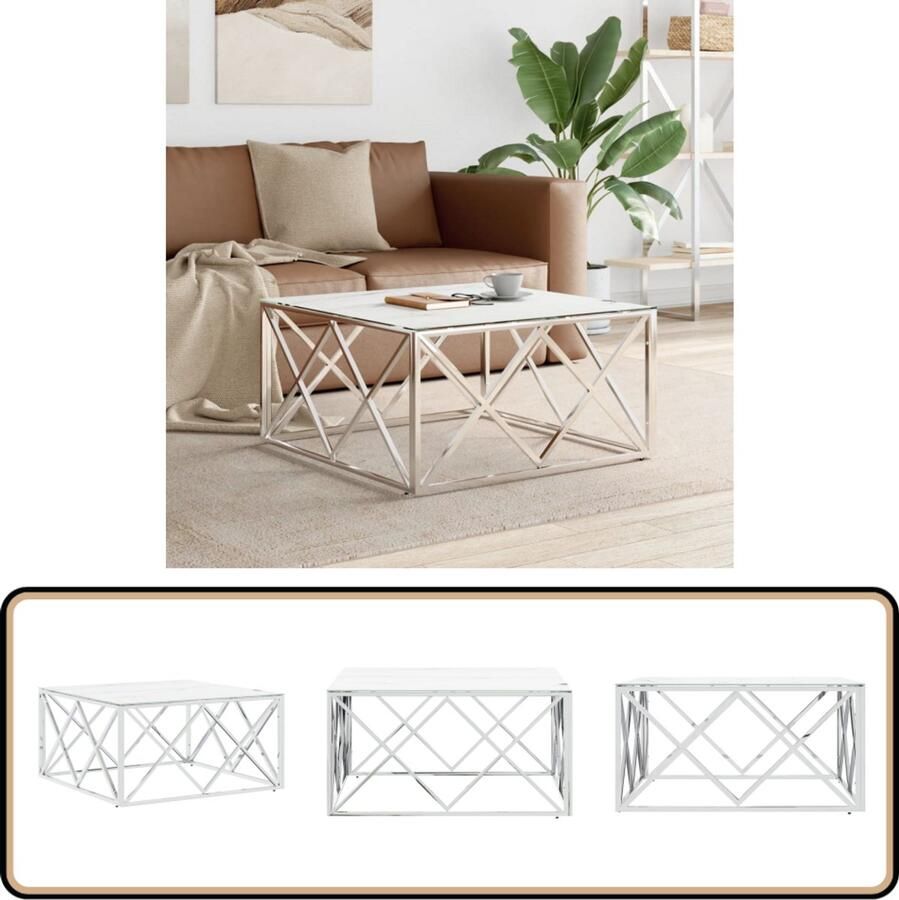 VidaXL Salontafel 80x80x40 cm RVS en glas Zilver Salontafel Marmer Look Koffietafel Zithoek Living Room Furniture