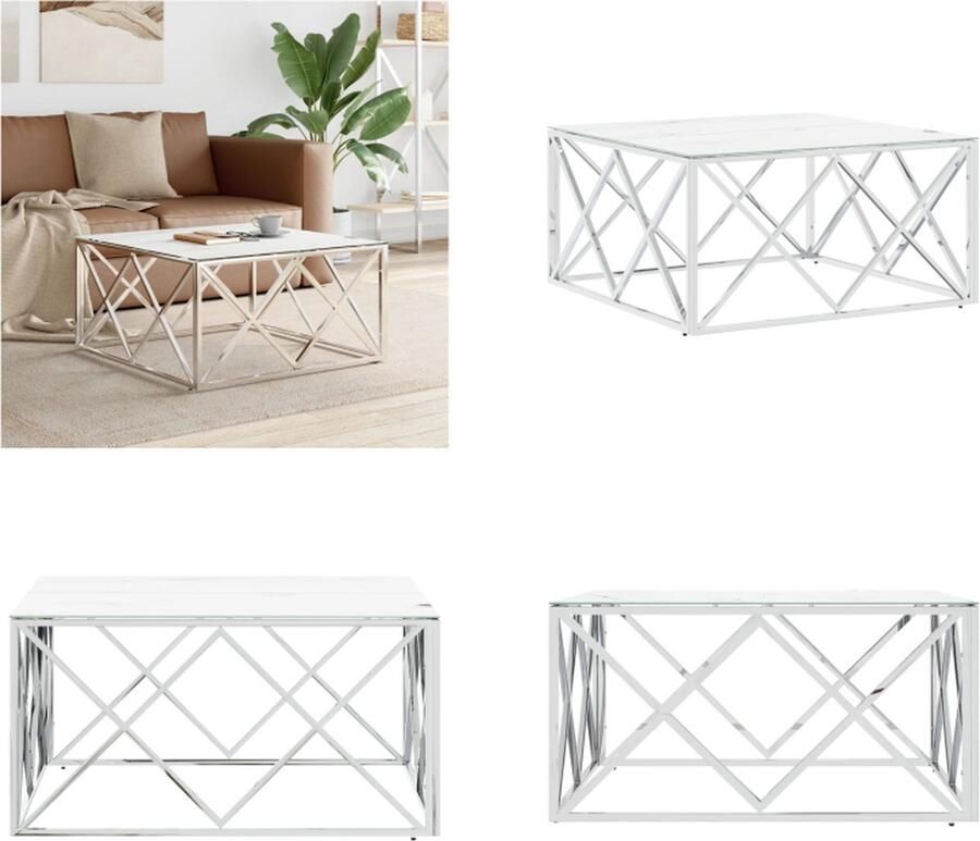 VidaXL Salontafel 80x80x40 cm roestvrij staal en glas zilverkleurig Salontafel Marmer Look Koffietafel Zithoek Living Room Furniture Meubilair Zwart Metalen Onderstel Salontafel Salontafels Bijzettafel Banktafel