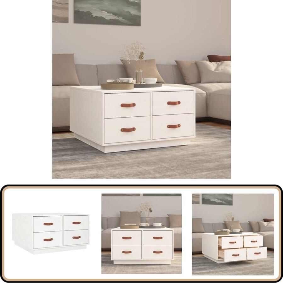 VidaXL Salontafel 80x80x45 cm Wit Grenenhout Salontafel Houten Salontafel Grenenhouten Salontafel Witte Salontafel Met Lades Stoere Salontafel Landelijke Salontafel
