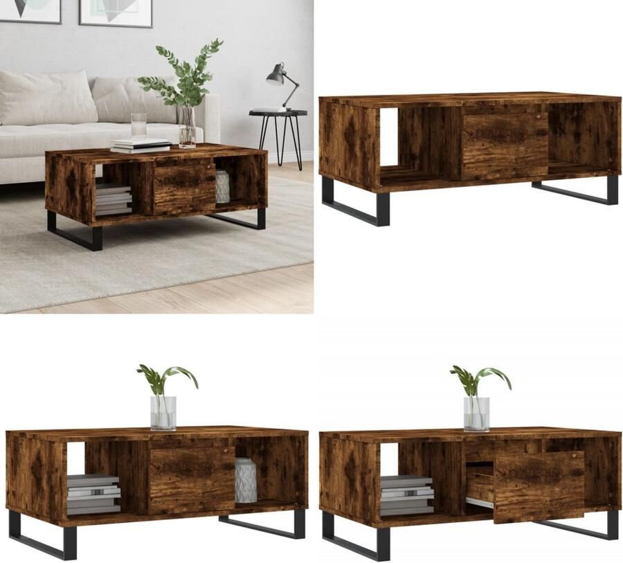 The Living Store Salontafel Gerookt Eiken Bewerkt Hout en Metaal 90x50x36.5 cm Met lade en vak Stabiel tafelblad Metalen poten Salontafel Houten Salontafel Gerookte Eiken Salontafel Met Lade Tv Tafeltje - Foto 2