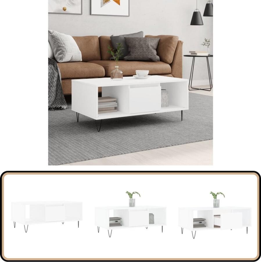 VidaXL Salontafel 90x50x36 5 cm Wit Bewerkt hout Salontafel Bijzettafel Houten Salontafel Witte Salontafel Met Lade Salontafel Met Opbergvak