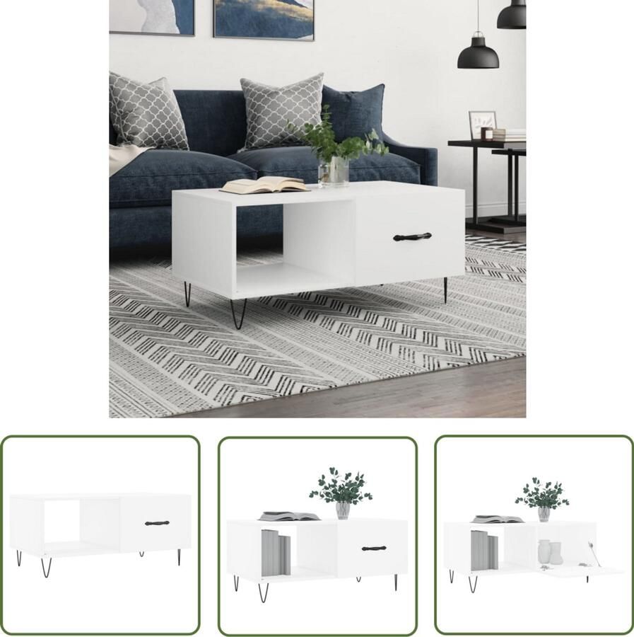 VidaXL Salontafel 90x50x40 cm Wit Bewerkt hout Salontafel Witte Salontafel Houten Salontafel Metalen Salontafel Met Lade Bijzettafel Living Accessoires