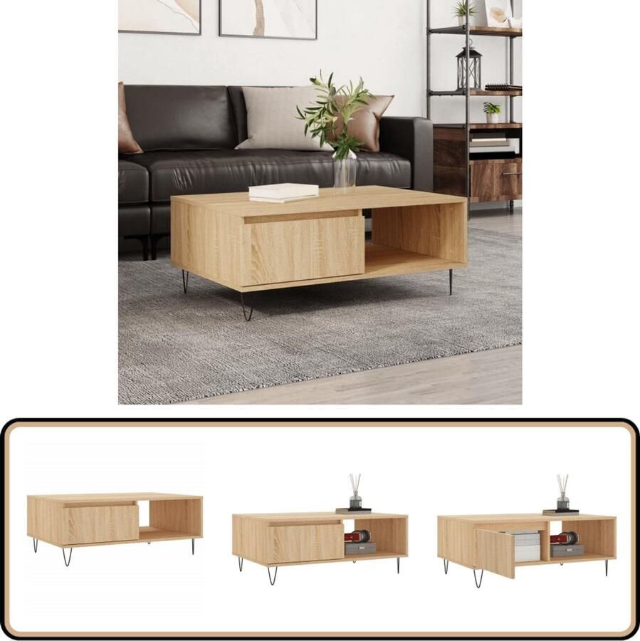 The Living Store Salontafel Sonoma Eiken Bijzettafel met Opbergruimte Ruime afmetingen- 90x60x35 cm Sterk Hout Stabiel IJzer Design Salontafel Bijzettafel Houten Salontafel Sonomaplank Salontafeltje - Foto 2