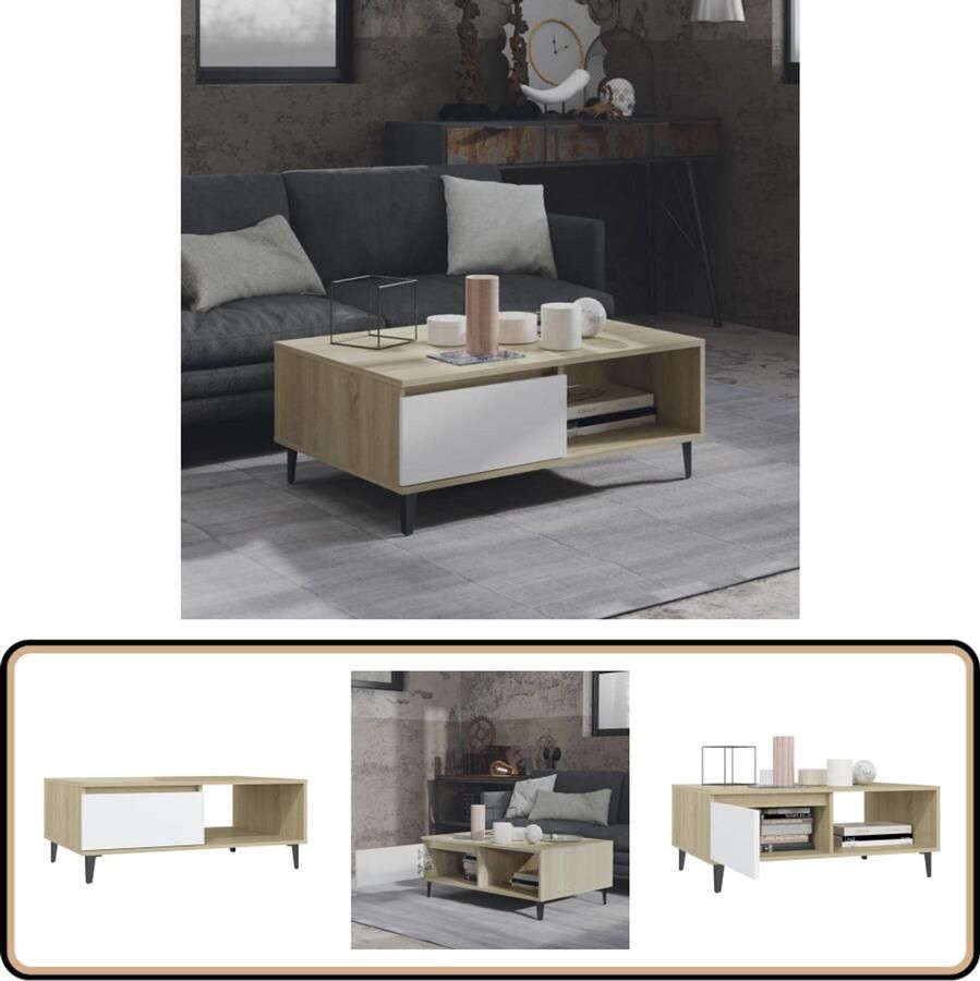 VidaXL Salontafel 90x60x35 cm Wit & Sonoma Eiken Salontafel Bijzettafel Houten Tafel Witte Tafel Eikentafel Middentafel Livingroom Furniture Meubilair