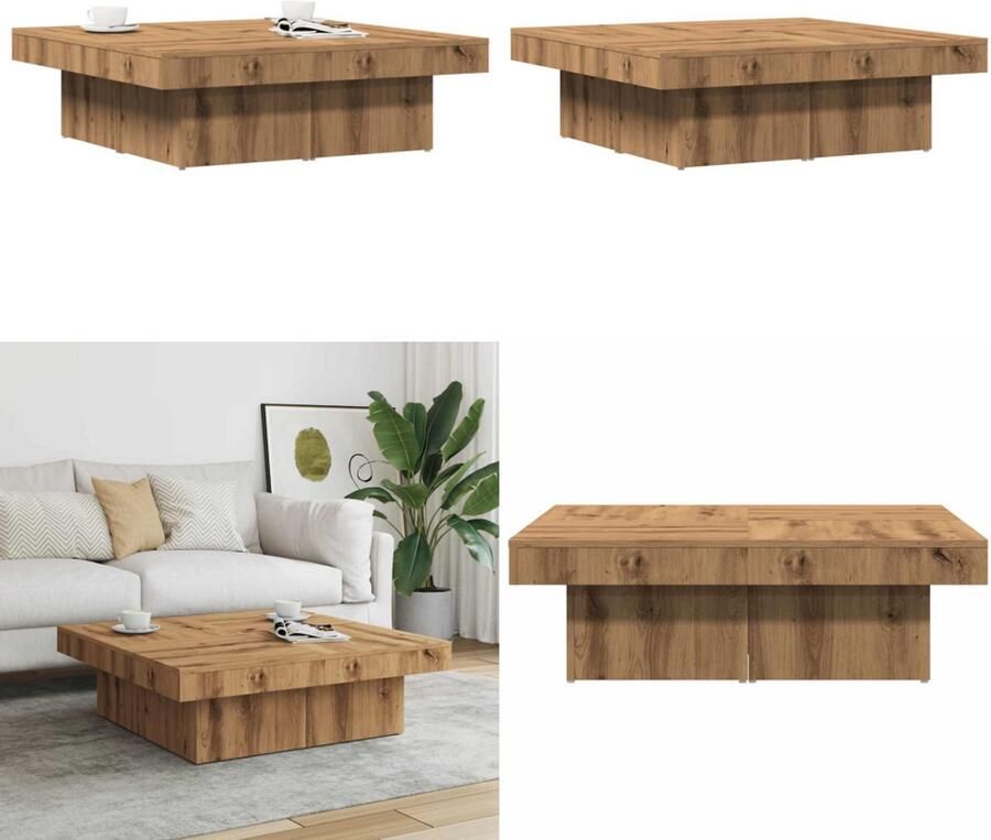 VidaXL Salontafel 90x90x28 cm bewerkt hout artisanaal eikenkleur Salontafel Salontafels Bijzettafel Banktafel