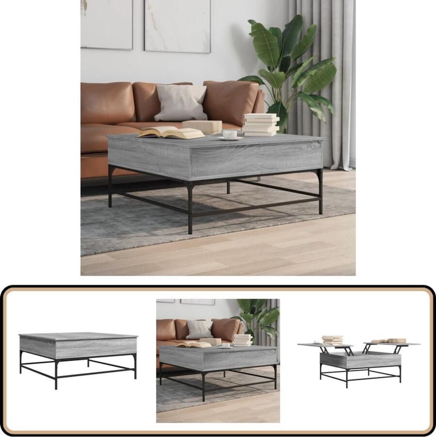 The Living Store Salontafel 95x95x45 cm bewerkt hout en metaal grijs sonoma Salontafel Lift Top Tafel Grijze Salontafel Houten Salontafel Metaalsalontafel