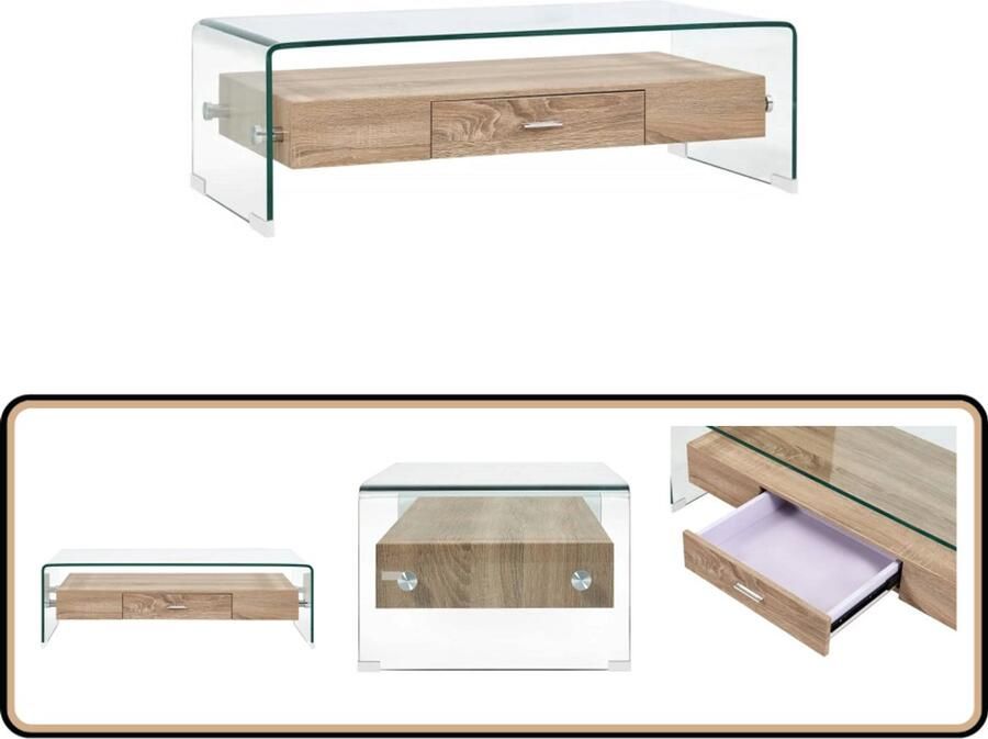 VidaXL Salontafel 98x45x31 cm Glas & MDF Lade Salontafel Eiken Transparante Tafel Glazen Tafel Moderne Salontafel