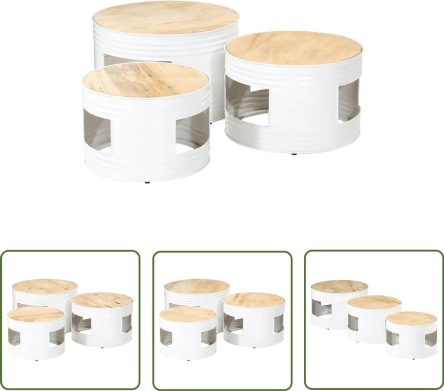 VidaXL Salontafel Bartafel Bartafels 3 st trommelvormig massief ruw mangohout Bijzettafels Houten Tafel Vintage Tafel