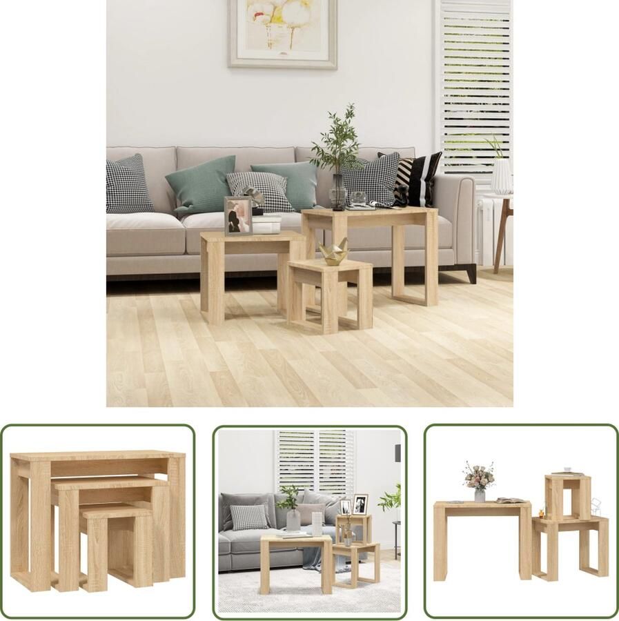 The Living Store Bijzettafelset Sonoma Eiken Bewerkt Hout Montage vereist 3 Maten Bijzet Tafel Salontafel Houten Bijzettafel Nestkasten Compact Meubilair - Foto 2