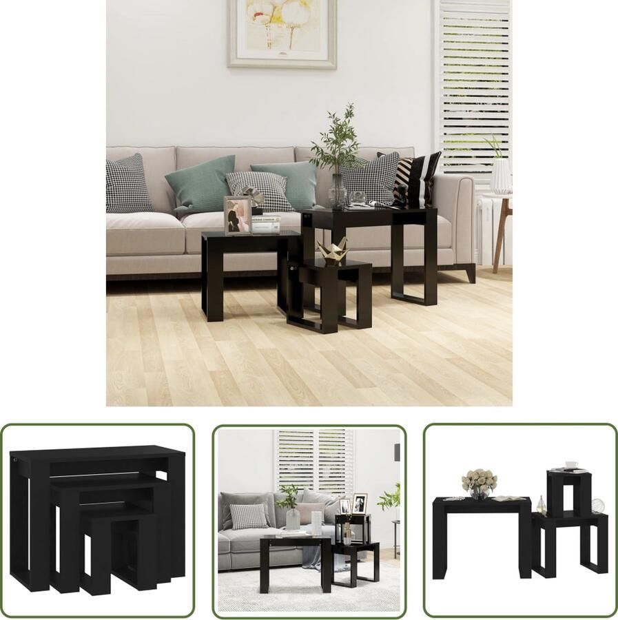 The Living Store 3-delige Tafeltjesset bewerkt hout zwart Bijzet Tafel Salontafel Nachtaandkast Houten Meubilair Zwarte Meubels - Foto 2