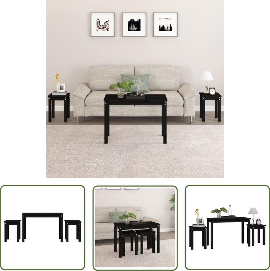 The Living Store Tafeltjes 80 x 40 x 55 cm zwart massief grenenhout Bijzet Tafels Salontafel Stapelbare Tafels Houten Tafels Grenenhouten Tafels - Foto 2