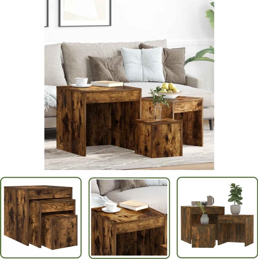 The Living Store Tafeltjesset Gerookt Eiken 45 x 45 x 45 cm Multifunctioneel Bijzettafel Salontafel Nestkasten Houten Meubilair Bruine Meubels - Foto 3
