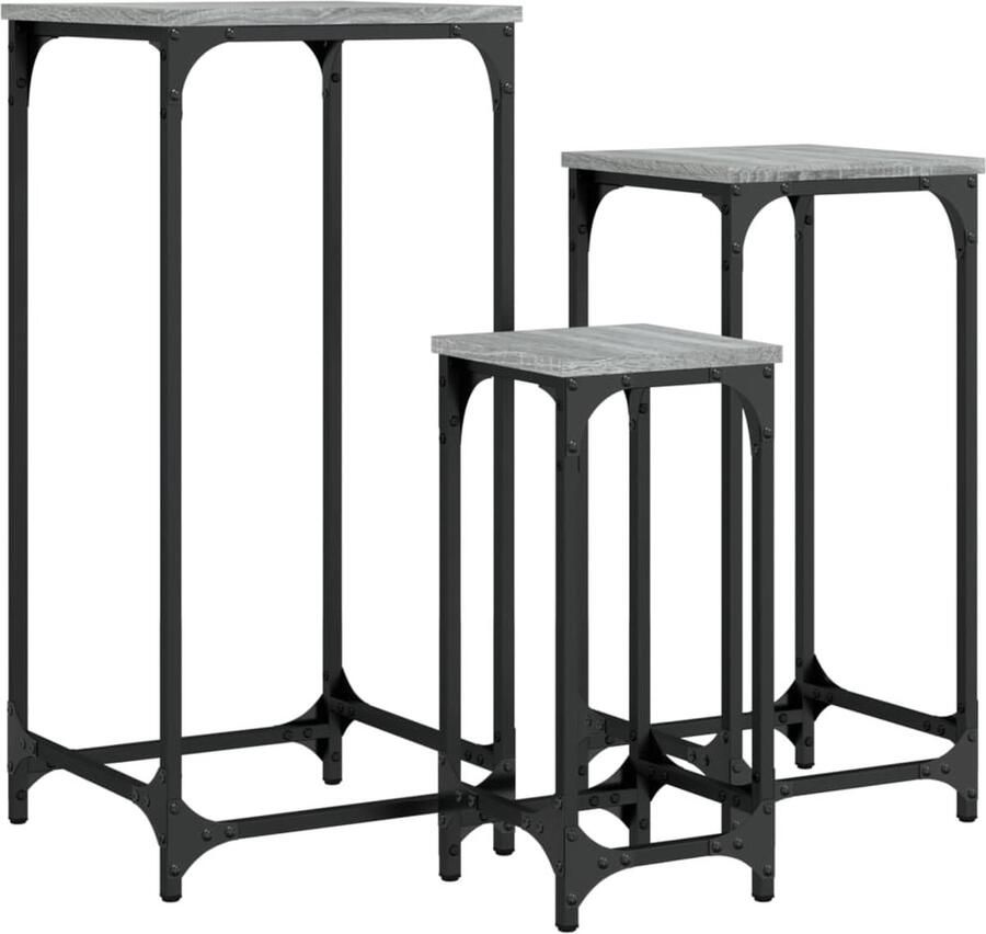 The Living Store 3-delige Tafeltjesset bewerkt hout grijs sonoma eikenkleurig Bijzettafels Industrieel Design Houten Tafels Grijze Meubels Multifunctionele Tafels