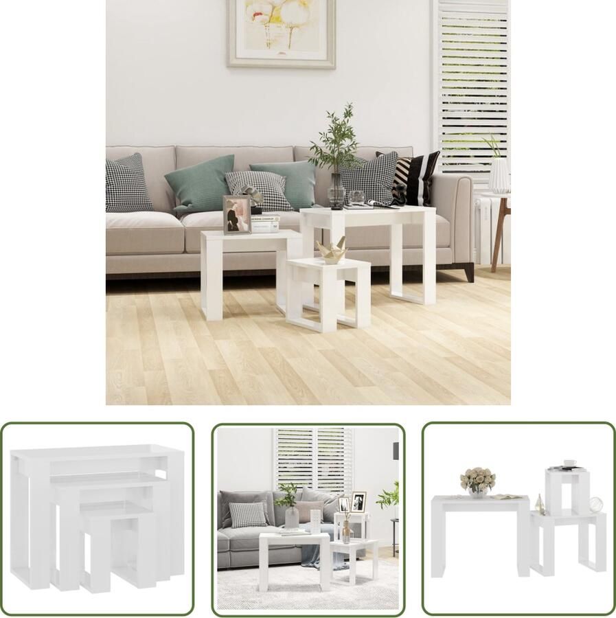 The Living Store Bijzettafelset Hoogglans wit 61 x 28 x 47 cm 43 x 28 x 37 cm 25 x 28 x 27 cm Bijzettafel Salontafel Sidetable Houten Meubilair Wit Meubel - Foto 2