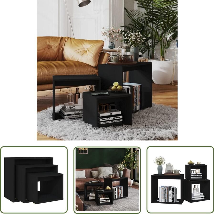 The Living Store 3-delige Tafeltjesset spaanplaat zwart Bijzettafel Salontafel Tv-meubel Side Table Koffietafel