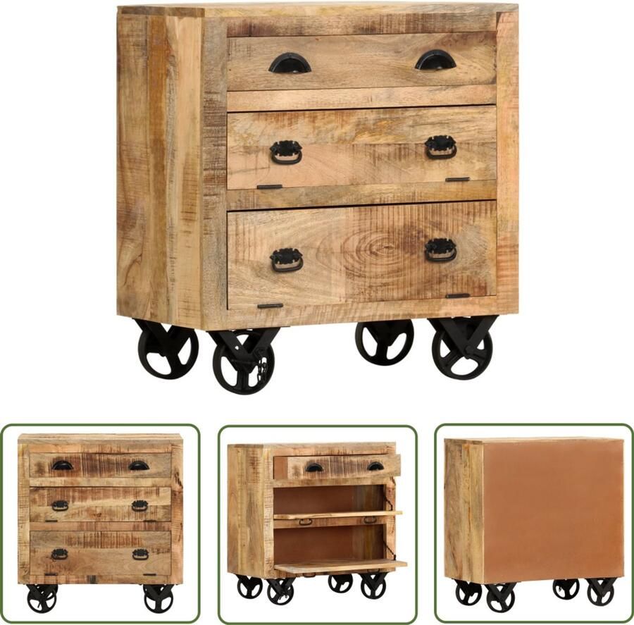 VidaXL Salontafel Bijzettafel Bijzetkast op wieltjes 70x40x75 cm massief mangohout Kasten Mangohouten Kast Vintage Kast