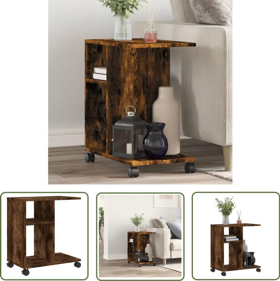 VidaXL Bijzettafel met wieltjes 50x30x55 cm hout gerookt eikenkleurig Bijzettafel Salontafel Houten Bijzet Tafels Kastje Multifunctionele Tafel