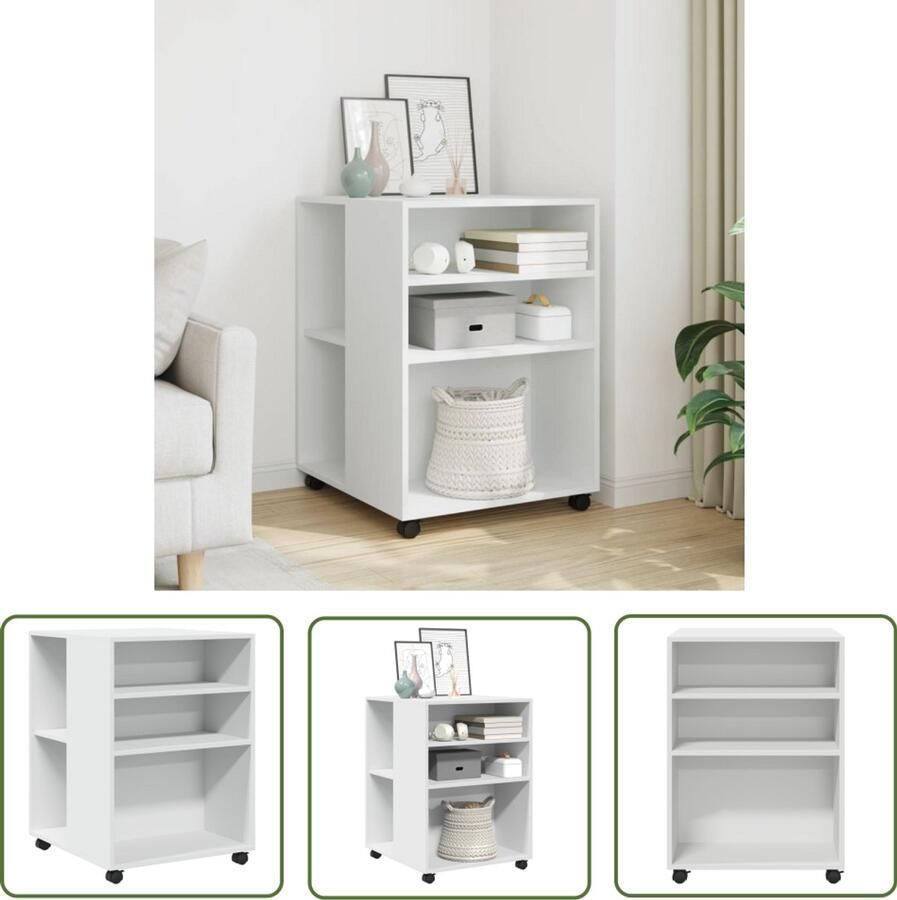 The Living Store Bijzettafel met wieltjes 55x60x78 bewerkt hout wit Bijzettafel Salontafel Houten Tafel Witte Tafel Opbergkast