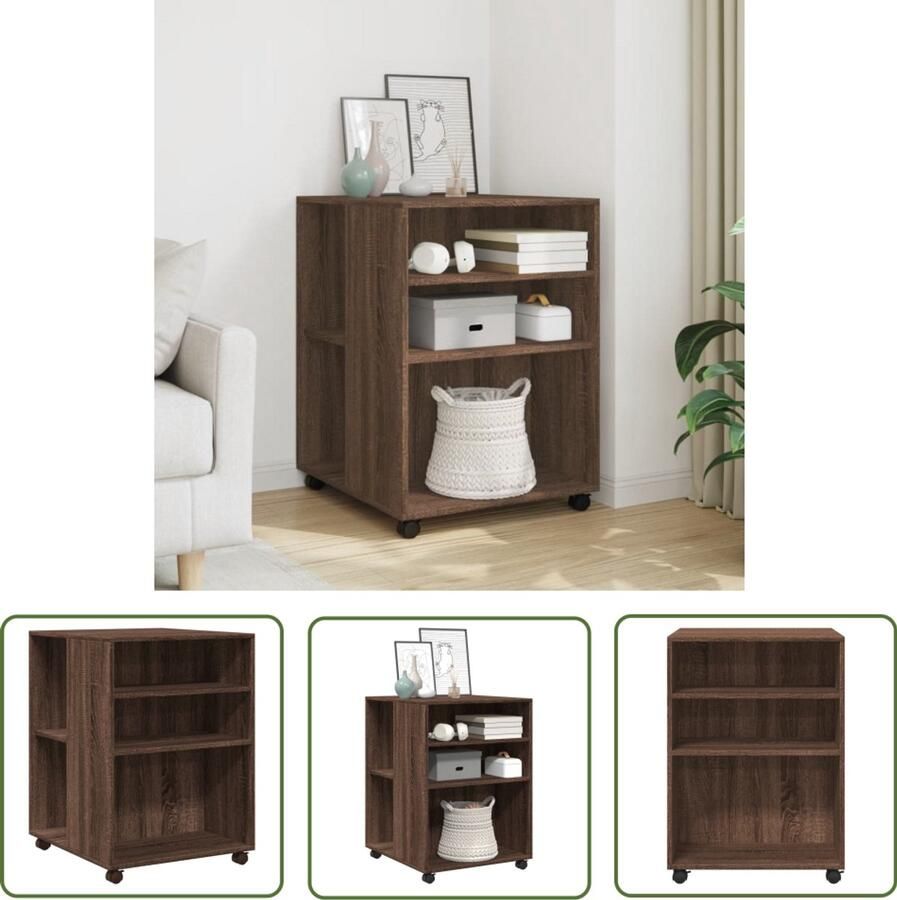 The Living Store Bijzettafel met wieltjes 55x60x78 cm hout bruin eikenkleurig Bijzettafel Salontafel Houten Bijzetkast Opbergvak Multifunctioneel Meubel