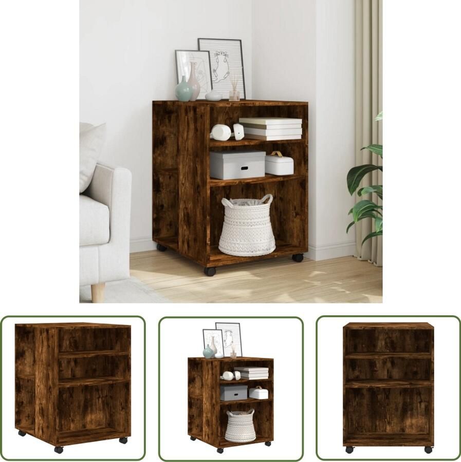 The Living Store Bijzettafel met wieltjes 55x60x78 cm hout gerookt eikenkleurig Bijzettafel Salontafel Meubilair Houtsoort Bewerkt Hout