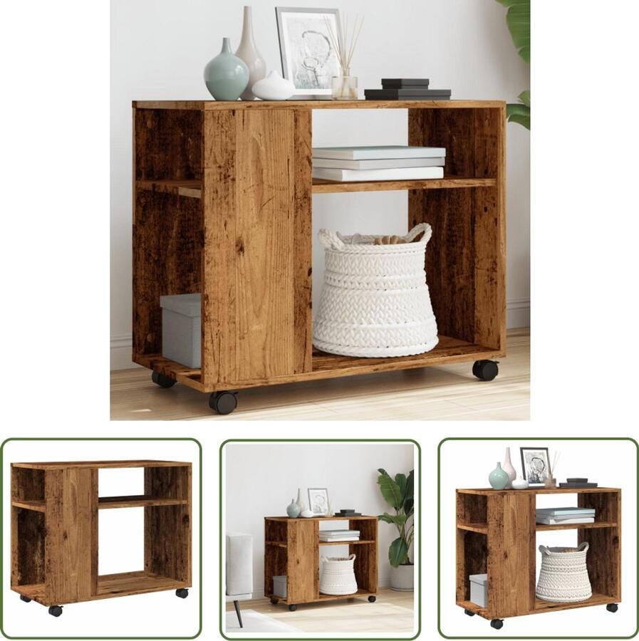 VidaXL Bijzettafel met wieltjes 70x35x60 cm bewerkt hout oud houtkleur Bijzettafel Salontafel Houten Bijzetkast Vintage Meubel Opslagoplossing