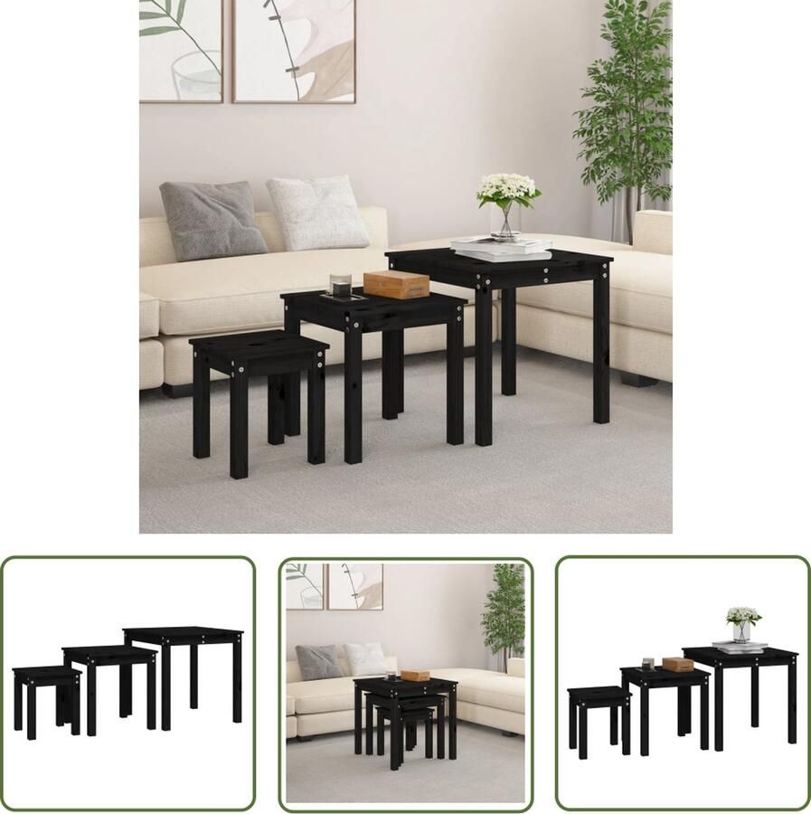 The Living Store 3-delige Houten Tafeltjes Zwart Grenenhout 55x55x55 cm 43x43x45 cm 31x31x35 cm Bijzettafel Salontafel Houten Tafels Grenoble Hout Zwarte Tafels - Foto 2