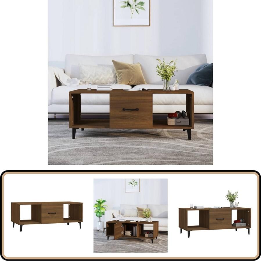 The Living Store Salontafel Bruineiken 102 x 50 x 40 cm Bewerkt hout en ijzer Salontafel Houten Salontafel Bruine Eiken Salontafel Bijzettafel Koffietafel - Foto 2