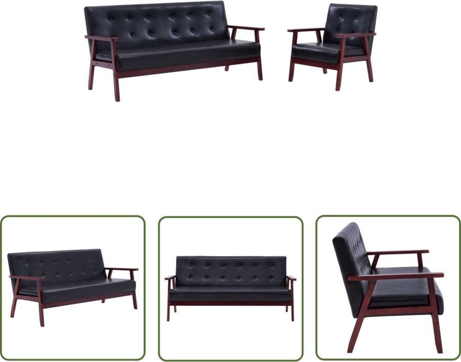 The Living Store Retro Driezitsbank Kunstleer Stabiel Houten Frame Zwart Retro Bank Driezitsbank Banks Kopen Lounge Meubels Zwart Lederlook - Foto 3