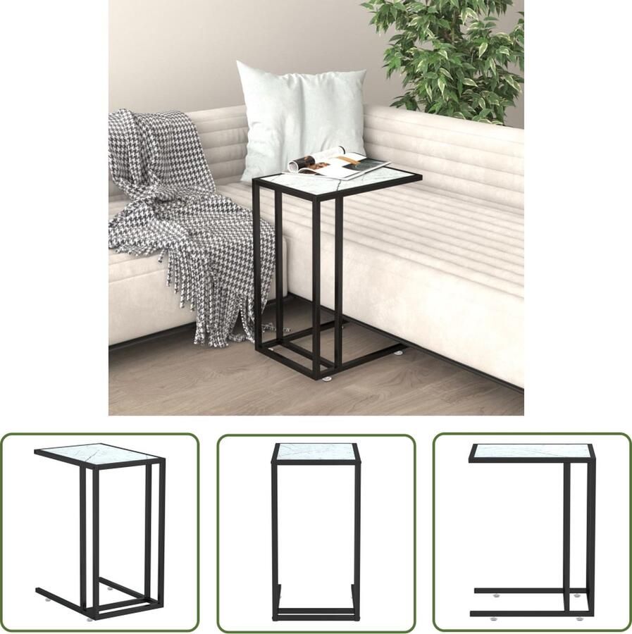 The Living Store Computer bijzettafel witmarmer glas en ijzer 50 x 35 x 65 cm 5 mm dikte glas Computer Bijzettafel Salontafel Bijzet Tafeltje Witte Bijzettafel Marmeren Bijzettafel - Foto 2