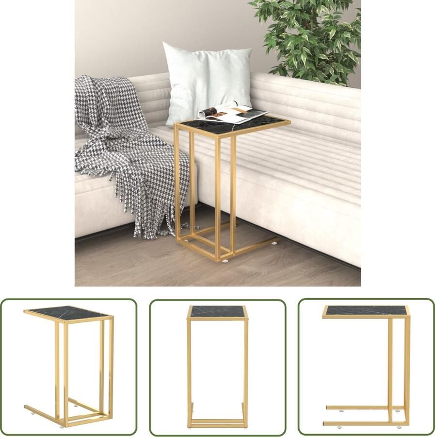 The Living Store Computer bijzettafel Gehard glas en gepoedercoat ijzer 50 x 35 x 65 cm Zwartmarmer en goud Computer Bijzettafel Salontafel Bijzet Tafeltje Zwarte Bijzettafel Gouden Bijzettafel - Foto 2