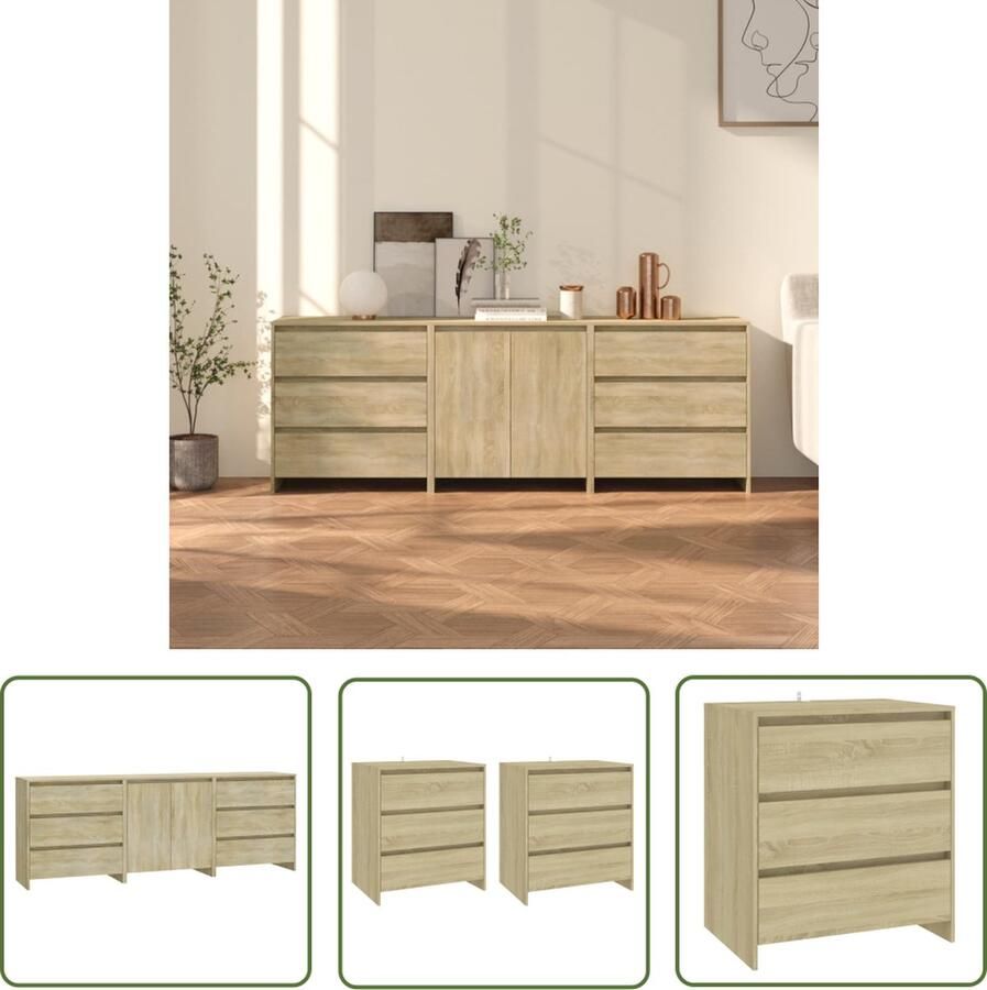 The Living Store 3 st Dressoirs bewerkt hout sonoma eikenkleurig Opbergkasten Bijzetkasten Dressoir Salontafel Houten Kast
