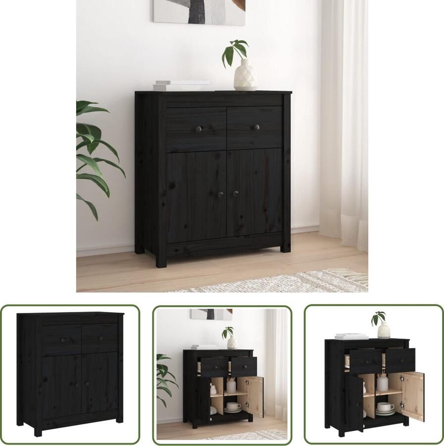 The Living Store Dressoir 70x35x80 cm massief grenenhout zwart Dressoir Massief Hout Grenenhout Black Furniture Woonaccessoires
