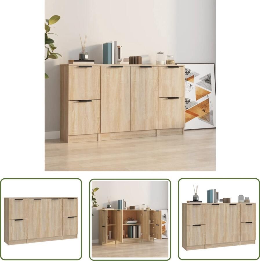 The Living Store Dressoirs 3 st bewerkt hout sonoma eiken Dressoir Salontafel Houten Meubel Sonoma Eiken Opbergruimte