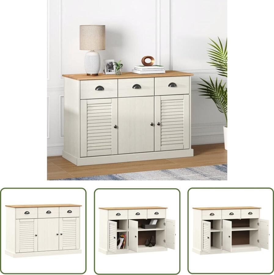 The Living Store Dressoir met lades VIGO 113x40x75 cm massief grenenhout wit Dressoir Lotenkast Opbergkast Salontafel Vintage Dressoir