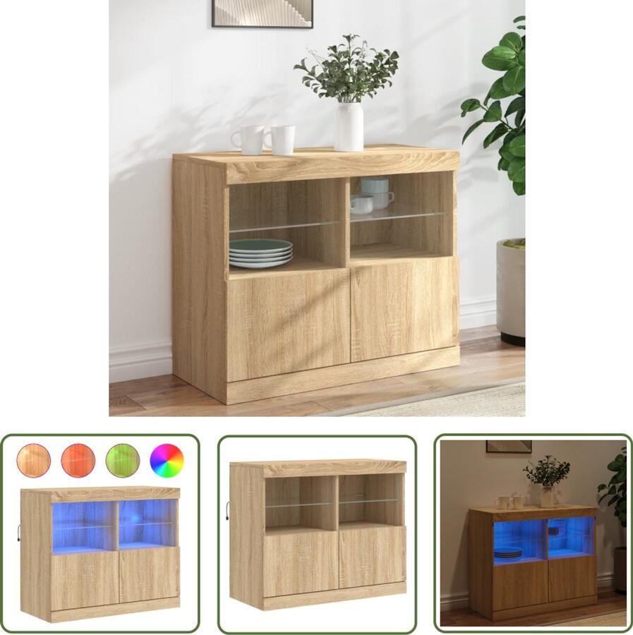 The Living Store Dressoir met LED-verlichting 81x37x67 cm sonoma eikenkleurig Dressoir Buffetkast Salontafel Led Verlichting Houten Kast