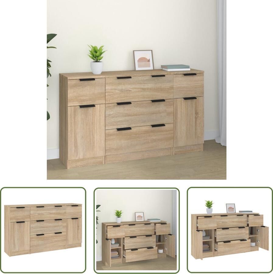 The Living Store 3-delige Dressoirset bewerkt hout sonoma eiken Dressoir Salontafel Houten Kast Opslagoplossing Minimalistisch Design