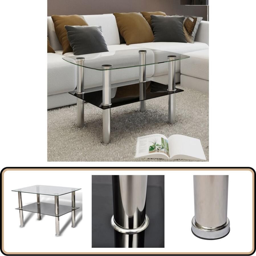 VidaXL Salontafel Gehard Glas 2 Lagen 65x45x43 cm Salontafel Koffietafel Bijzettafel Glas Tafel Zwarte Salontafel Ronde Salontafel Nowoczesna Stolik Kawowy