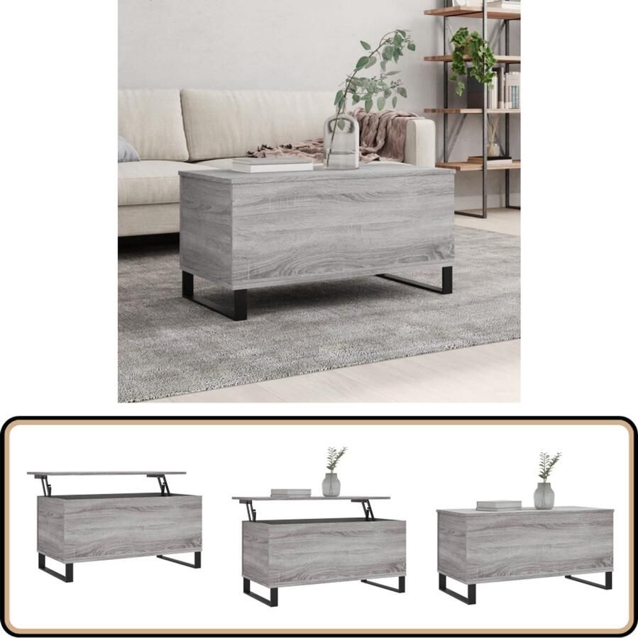 VidaXL Salontafel Grijs Sonoma Eiken 90x45 cm Salontafel Salontafels Bijzettafels Banktafel Houten Meubilair Grijze Meubelen Lift Top Tafel