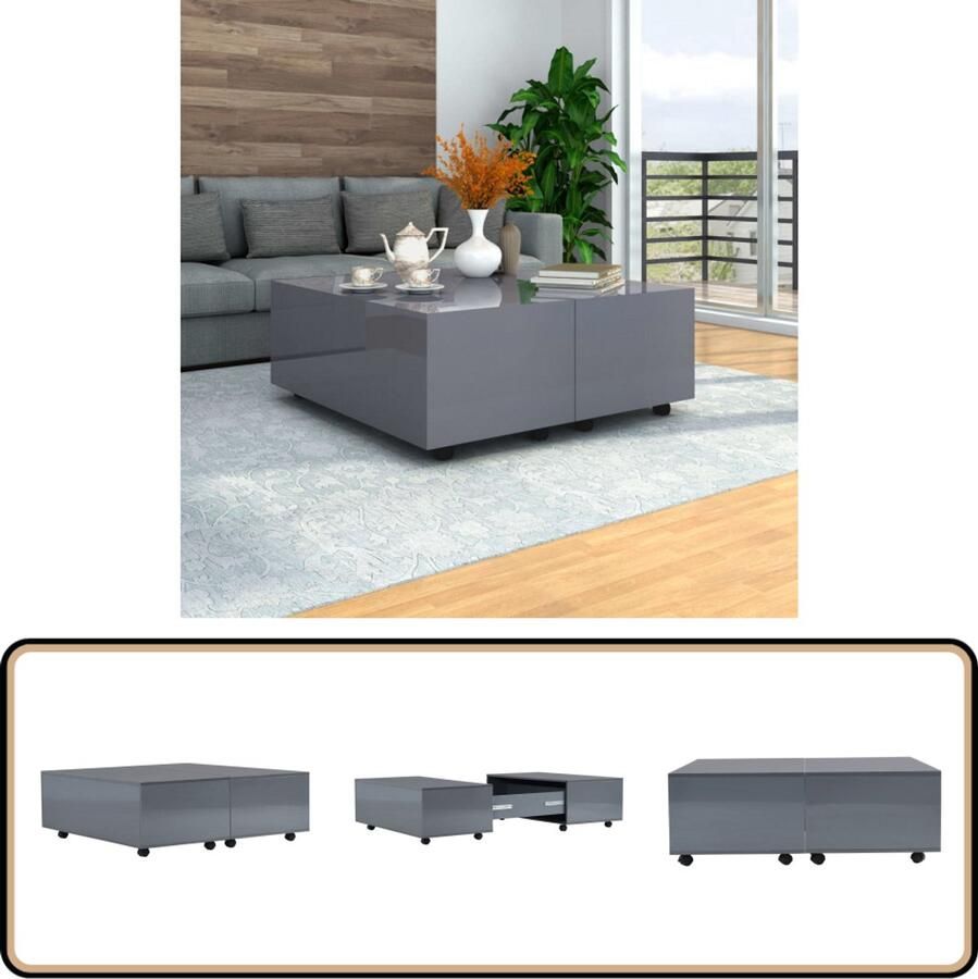 VidaXL Salontafel Hoogglans Grijs 100x100x35 cm Salontafel Hoogglanstafel Grijze Tafel Houten Tafel Extensiet Tafel Multifunctionele Tafel Livingroom Meubilair Interieurdecoratie Modern Design Woonaccessoires