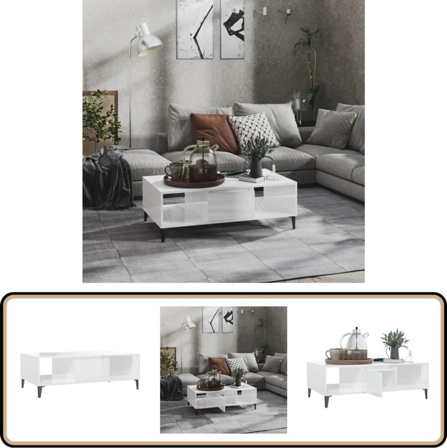 The Living Store Salontafel Industrieel Hoogglans Wit 103.5 x 60 x 35 cm Salontafel Industrieel Meubilair Witte Salontafel Houten Salontafel Metalen Salontafel - Foto 2