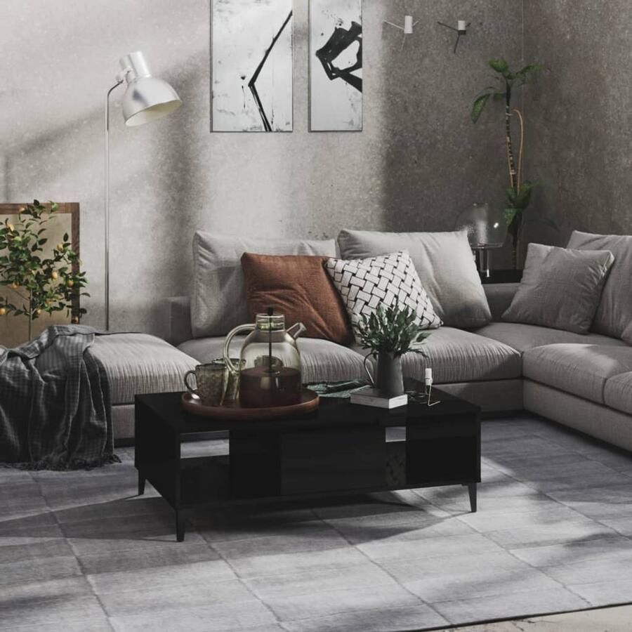 VidaXL Salontafel Hoogglans Zwart 103 5x60x35 cm Salontafel Industrieel Design Zwarte Salontafel Houten Salontafel Metalen Poten Tv Tafellaar Bijzettafels Living Accessoires Meubilair