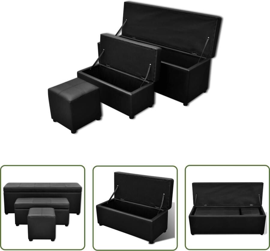 The Living Store Kunstlederen Banken met opslagruimte + Voetenbank (Zwart) Kunstleder Banks Salontafel Zitmeubilair Bank Met Opbergvak Zwart Meubilair - Foto 3