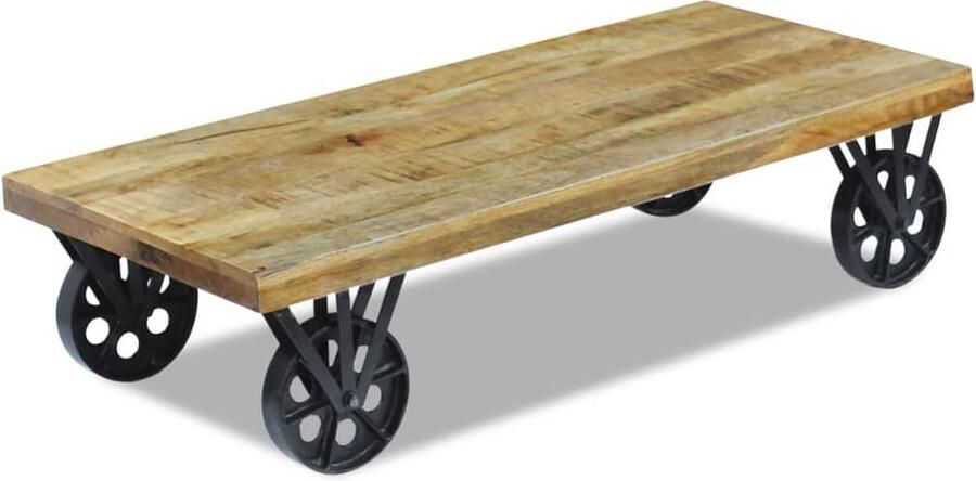 The Living Store Salontafel Vintage 120x60x30 cm Houten constructie mangohout en staal Salontafel Mangohout Vintage Retro Salontafel Met Wielen - Foto 2