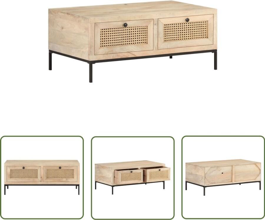 VidaXL Salontafel Mangohout & Riet 90x50x37 cm Salontafel Mangohout Rustic Vintage Woonkamerdecoratie Tv Stand Koffietafel Bijzettafel